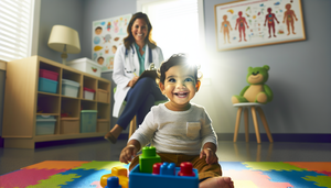 Una clínica pediátrica serena con iluminación natural suave. En primer plano, un niño pequeño de ascendencia hispana, de aproximadamente 3 años, juega alegremente con bloques de construcción, mostrando curiosidad. En el fondo, una pediatra hispana de mediana edad observa al niño con atención, sosteniendo un portapapeles. La atmósfera es calmada y de apoyo, destacando la importancia del reconocimiento temprano de signos en el síndrome de Angelman y su diferenciación del síndrome de Prader-Willi.
