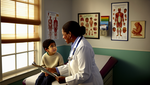 Una pediatra hispana de mediana edad, con bata blanca y estetoscopio, muestra un gráfico médico a un niño hispano de 8 años en una consulta médica. La escena refleja un ambiente profesional y acogedor, con luz natural y elementos educativos en las paredes, como un gráfico de crecimiento.