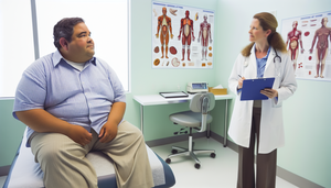 Un paciente hispano de mediana edad con obesidad central y cara de luna llena, sentado en una camilla de consulta médica, escucha a una doctora hispana que le explica algo con una expresión tranquilizadora. La sala está decorada con carteles médicos sobre el sistema endocrino, sugiriendo una discusión sobre el síndrome de Cushing y el hipercortisolismo.