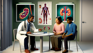 Consulta médica en la que un doctor hispano de mediana edad explica un diagrama del riñón a una familia hispana, destacando el aspecto educativo del síndrome de Alport y la diferenciación de nefropatía IgA. En la mesa hay un modelo de riñón, y en la pared, un póster del sistema urinario humano.