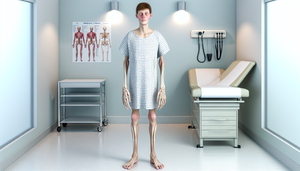 Fotografía de un joven adulto de ascendencia europea en una sala de examen clínico, vistiendo una bata de hospital. Sus extremidades y dedos alargados, característicos del síndrome de Marfan, son prominentes. Se observa una ligera apertura de su boca que revela un paladar alto. En el fondo, se aprecia un consultorio médico típico con un gráfico médico en la pared y un modelo de esqueleto humano.