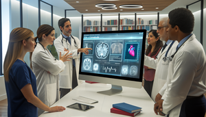 Un grupo diverso de médicos, hombres y mujeres de diferentes etnias, se encuentra reunido alrededor de una pantalla digital grande que muestra una interfaz de base de datos clínica compleja en español. Los médicos están concentrados y colaborando mientras señalan la pantalla, que exhibe datos médicos como gráficos y tablas. El entorno refleja profesionalismo e innovación en medicina.