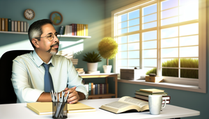 Hombre hispano de mediana edad en una oficina iluminada, sentado en un escritorio con expresión pensativa. Lleva gafas y una camisa casual, rodeado de papeles, un portátil y una taza de café. Al fondo, una estantería con libros médicos y una planta, creando un ambiente profesional y relajado.