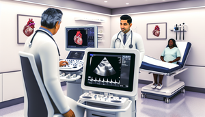 Sala de examen médico moderna con tecnología avanzada. En el centro, una máquina de ultrasonido de última generación muestra una imagen detallada de un órgano. A la izquierda, un médico de ascendencia hispana examina atentamente la pantalla. A la derecha, un paciente hispano observa con interés. El ambiente es profesional y destaca la integración de tecnología en la práctica clínica.