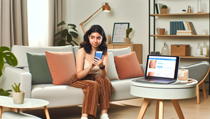 Mujer hispana joven usando un smartphone para teledermatología, observando una imagen de una condición cutánea en una app móvil. En la mesa, una laptop abierta muestra información médica sobre dermatología, destacando el uso de tecnología moderna para el diagnóstico a distancia.