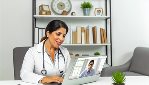 Middle-aged Hispanic female doctor conducting a virtual consultation from her home office, wearing a white coat and stethoscope, interacting with a Hispanic patient on her laptop screen. The setting conveys professionalism and warmth, emphasizing the importance of telemedicine, remote monitoring, and the reduction of travel for patient care.