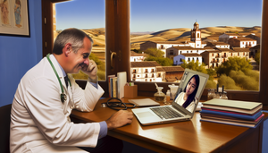 Un médico de mediana edad con bata blanca, sonriendo, realiza una videollamada desde un entorno rural en el campo español. En la pantalla de su portátil, se ve a una joven paciente de una zona rural. El consultorio está iluminado naturalmente, con libros médicos y un estetoscopio en el escritorio, y una ventana al fondo muestra colinas y un pueblo con arquitectura tradicional española. La imagen refleja el uso de la telemedicina para conectar a pacientes rurales con atención médica.