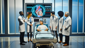 A diverse group of doctors, representing various genders and ethnicities, gathers around a digital screen displaying a 3D model of a human heart with data overlays. A middle-aged Hispanic patient sits on a hospital bed, observing the screen with interest. This scene exemplifies collaboration and technological innovation in personalized medicine, highlighting the role of AI trends and connected health from a long-term perspective.