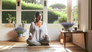 Mujer hispana de mediana edad practicando mindfulness en una habitación iluminada por el sol, con ventanas grandes que dan a un jardín. Está sentada en un tapete de yoga, rodeada de plantas en macetas, con un ambiente tranquilo y acogedor que refleja un enfoque holístico de la salud mental.