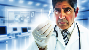 Primer plano de un médico hispano de mediana edad en un laboratorio, sosteniendo y examinando una tira reactiva avanzada. Lleva una bata blanca y guantes protectores, con equipos de laboratorio y gráficos de datos desenfocados en el fondo, destacando un entorno de alta tecnología para la monitorización de marcadores bioquímicos.