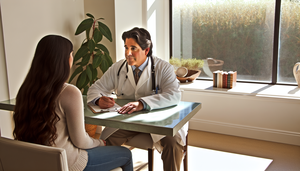 Un médico hispano de mediana edad, con expresión amable, escucha atentamente a una joven hispana en una consulta clínica moderna y luminosa. Ambos están sentados en un escritorio con libros médicos y una planta, en un ambiente que transmite calma y apoyo.