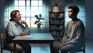 Una mujer hispana de mediana edad y un hombre hispano joven conversan en una habitación iluminada, sugiriendo un ambiente de reflexión y comprensión. La escena refleja un contexto de psicoterapia, relevante para el tema de trastorno obsesivo-compulsivo y ansiedad generalizada.