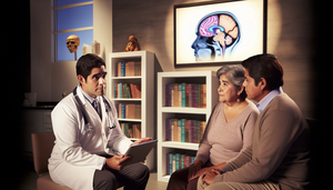 Imagen de un entorno médico compasivo y profesional centrado en el tratamiento del Alzheimer. Un médico hispano de mediana edad, con bata blanca y estetoscopio, explica un plan de tratamiento a una paciente anciana hispana y su familia, usando una tableta que muestra un diagrama del cerebro. La paciente, una mujer hispana de unos 70 años, parece comprometida y esperanzada. Su familia, un hombre y una mujer jóvenes, escuchan atentamente. El ambiente es cálido y de apoyo, destacando un enfoque holístico y empático en el cuidado del Alzheimer.