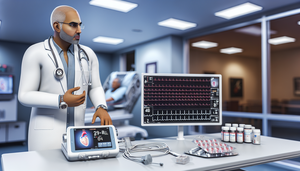 Fotografía de un cardiólogo hispano en sus 40s, examinando un monitor digital de ECG en un entorno hospitalario moderno. En la mesa cercana, se observan medicamentos antiarrítmicos y un dispositivo de desfibrilador cardioversor implantable (DAI), destacando el tratamiento avanzado de arritmias cardíacas.
