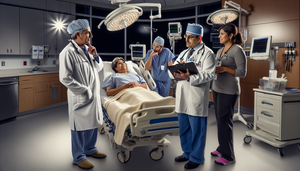 Medical team in a modern hospital discussing a pancreatic cancer treatment plan. The group includes a surgeon, an oncologist, and a palliative care specialist, all of Hispanic descent, interacting with a patient in a hospital bed. The image highlights the multidisciplinary approach to duodenopancreatectomy and compassionate care, emphasizing the role of gemcitabine in treatment.