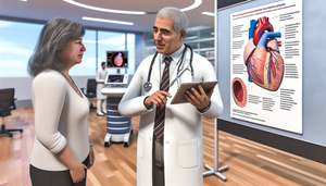 Doctor hispano de mediana edad en un hospital español explicando un plan de tratamiento para la cardiopatía isquémica a una paciente hispana, usando una tableta digital con un modelo 3D del corazón. En el fondo, un póster ilustra arterias coronarias y revascularización. Ambiente profesional y de confianza.