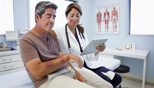 Paciente hispano de mediana edad con celulitis en el antebrazo, siendo examinado por una doctora hispana en un consultorio moderno. La doctora revisa un diagrama en una tableta sobre capas de la piel y antibióticos, destacando la importancia del tratamiento y seguimiento en la celulitis infecciosa.