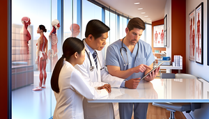 Un grupo diverso de profesionales de la salud, incluyendo un médico hispano y una enfermera asiática, revisan información médica en una tableta digital en una clínica moderna. La imagen simboliza el tratamiento de la gonorrea, destacando la colaboración y el uso de antibióticos como ceftriaxona y azitromicina.