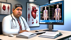 Un médico hispano de unos 40 años, con bata blanca y estetoscopio, revisa un gráfico digital de lecturas de presión arterial en su computadora. En el escritorio hay libros de medicina abiertos y un bloc de notas. Al fondo, un póster del sistema cardiovascular humano resalta las arterias. La escena refleja un ambiente profesional y educativo, centrado en el tratamiento de la hipertensión arterial.
