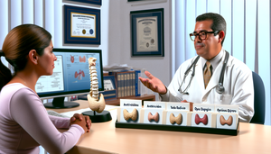 Consulta médica sobre hipertiroidismo con un doctor hispano de mediana edad explicando opciones de tratamiento a una paciente. El doctor sostiene un modelo de tiroides y señala opciones como antitiroideos, yodo radiactivo y cirugía. En el escritorio hay folletos médicos en español. La oficina es profesional y acogedora, con certificados médicos y un diagrama de la glándula tiroides en la computadora.