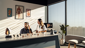 Hombre hispano de mediana edad en la consulta de una audióloga, usando un audífono. La audióloga, también hispana, le explica algo señalando un diagrama del oído en una pantalla. En el escritorio hay modelos de audífonos y un implante coclear. El ambiente es profesional y acogedor, destacando la importancia del tratamiento y rehabilitación auditiva.