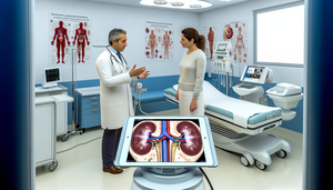 Fotografía de un médico hispano de mediana edad en un hospital español, explicando a una paciente el tratamiento de litiasis renal. El médico muestra un modelo 3D de un riñón con cálculos en una tableta digital. Al fondo, se observa una máquina de litotricia y un endoscopio, destacando la tecnología avanzada para el tratamiento de cálculos renales.