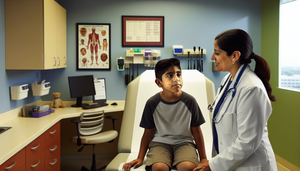 An 8-year-old Hispanic boy with a slightly swollen face sitting on an examination table in a pediatrician's office, being examined by a Hispanic female doctor in a white coat. The image illustrates a professional and welcoming environment, emphasizing medical care in mumps treatment, including analgesia and supportive measures, while highlighting the importance of the MMR vaccine and quarantine.