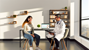Consultorio médico iluminado con luz natural, donde un médico hispano de mediana edad, con expresión amable, escucha atentamente a una paciente joven. En el escritorio hay libros médicos abiertos y una laptop con un gráfico, simbolizando un enfoque integrado en el tratamiento de comorbilidades psiquiátricas y físicas.
