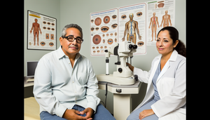 Un hombre hispano de mediana edad en la consulta de un oftalmólogo, observando una máquina de imagen retinal avanzada. La oftalmóloga, una mujer hispana, le explica el procedimiento con una sonrisa tranquilizadora. En la pared, hay pósters sobre la anatomía ocular y la retinopatía diabética, destacando la importancia de la fotocoagulación láser y el control metabólico.