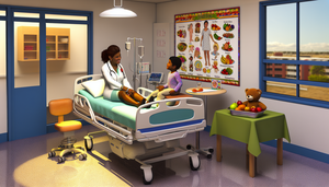 Image of a pediatric hospital room in Latin America, featuring a 5-year-old child in a bed, accompanied by a doctor and their mother. The doctor discusses nutritional support for measles treatment, emphasizing the critical role of vitamin A, hydration, and isolation to prevent complications like pneumonia and encephalitis. The atmosphere is warm and professional, highlighting the importance of nutrition and care in managing measles.