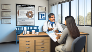 Medical consultation in a Latin American clinic: a middle-aged Hispanic physician explains a tuberculosis treatment plan to a young patient. On the desk, a diagram of the tuberculosis treatment regimen featuring isoniazid, rifampicin, pyrazinamide, and ethambutol is visible. The patient holds a brochure on tuberculosis treatment. A poster on the wall emphasizes the importance of adherence to treatment, highlighting DOTS and addressing multidrug resistance.