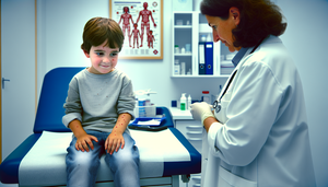 A Spanish pediatrician examines a 6-year-old child with chickenpox, displaying red spots on the arms and face, in a well-lit medical office. The doctor, wearing a white coat, demonstrates a professional and caring approach, emphasizing symptomatic treatment, skin care, and the importance of acyclovir and VZIG immunoglobulin for post-exposure prophylaxis.