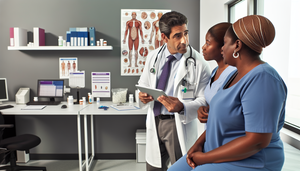 Image of a diverse team of healthcare professionals in a modern medical office. A Hispanic physician in his 40s and a young African American nurse review a chart with a middle-aged Caucasian patient. In the background, medical posters on HIV treatment and prevention emphasize the importance of teamwork in patient care, treatment adherence, and the management of viral resistance.