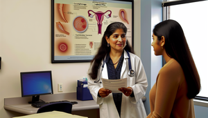 Doctora hispana en una clínica moderna explicando un plan de tratamiento del VPH a una paciente joven. La doctora sostiene un folleto sobre el tratamiento del VPH. En el fondo, un póster médico muestra diagramas del virus del papiloma humano y sus tratamientos, como crioterapia, conización y vacunación. El ambiente es profesional y enfocado en la educación del paciente.