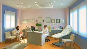 Modern medical office in Spain, designed for efficient use of space to optimize workflow and enhance patient comfort. The room is filled with natural light and decorated in pastel colors. A middle-aged Spanish doctor is engaging in a friendly conversation with a young patient in a cozy seating area. The atmosphere is professional yet warm, featuring plants and medical books that contribute to a sense of organization and comfort.