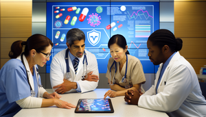 Fotografía de un grupo diverso de profesionales de la salud en un hospital moderno, discutiendo estrategias de uso racional de antibióticos. Incluye un médico hispano, una farmacéutica asiática y una enfermera afroamericana, todos observando una tableta con un gráfico detallado. En el fondo, una pantalla digital muestra un infográfico sobre la resistencia a los antibióticos, destacando la colaboración en el control de la resistencia microbiana.