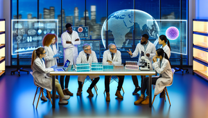 Un grupo diverso de científicos y científicas de diferentes etnias, incluyendo hispana, caucásica, africana y asiática, se encuentra en un laboratorio moderno. Están discutiendo alrededor de una pantalla digital que muestra un modelo 3D de un virus. En una mesa cercana hay viales con nombres de vacunas, un microscopio y una laptop con gráficos y datos. La escena refleja un ambiente de innovación y colaboración en la investigación de vacunas en desarrollo.