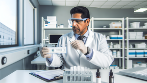 Científico hispano de unos 40 años en un laboratorio moderno, revisando un kit de prueba rápida en una mesa de trabajo organizada. Lleva una bata blanca y gafas de seguridad, y sostiene un portapapeles con una lista de verificación, simbolizando un proceso de validación de calidad. El entorno refleja precisión y dedicación en la confiabilidad diagnóstica.