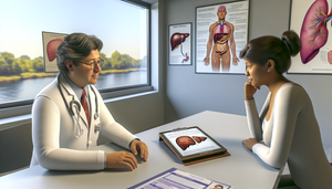 Un médico hispano de unos 40 años, con bata blanca y estetoscopio, explica a una paciente hispana de unos 30 años el impacto del valproato en la salud hepática, usando una tableta con un diagrama del hígado. La paciente escucha atentamente, reflejando la importancia de la educación sobre el tratamiento de la epilepsia y sus posibles efectos secundarios como la hepatotoxicidad.