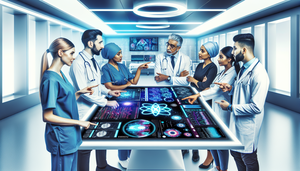 A diverse group of healthcare professionals, including doctors and nurses, gathers around a digital screen displaying an AI interface with medical data and colorful graphs. The doctors, from various ethnic backgrounds, engage in discussion with interest and curiosity, symbolizing the advantages of AI in modern clinical practice. The high-tech environment features advanced medical equipment in the background, highlighting the challenges in digital health and the shift towards Doctor 4.0.