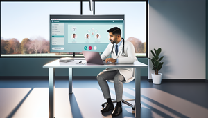 Modern medical office featuring a Hispanic doctor in his 40s conducting a video consultation on his laptop. In the background, a digital screen displays a telemedicine platform interface. The environment is professional and tech-savvy, emphasizing the use of digital platforms for clinical time optimization and remote access.