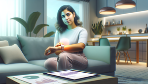 Mujer hispana joven en un sofá moderno, usando un smartwatch que monitorea su salud. En la mesa, una tablet muestra gráficos y notificaciones sobre detección de convulsiones y control remoto de episodios epilépticos. La escena refleja la integración de tecnología moderna en la vida diaria.